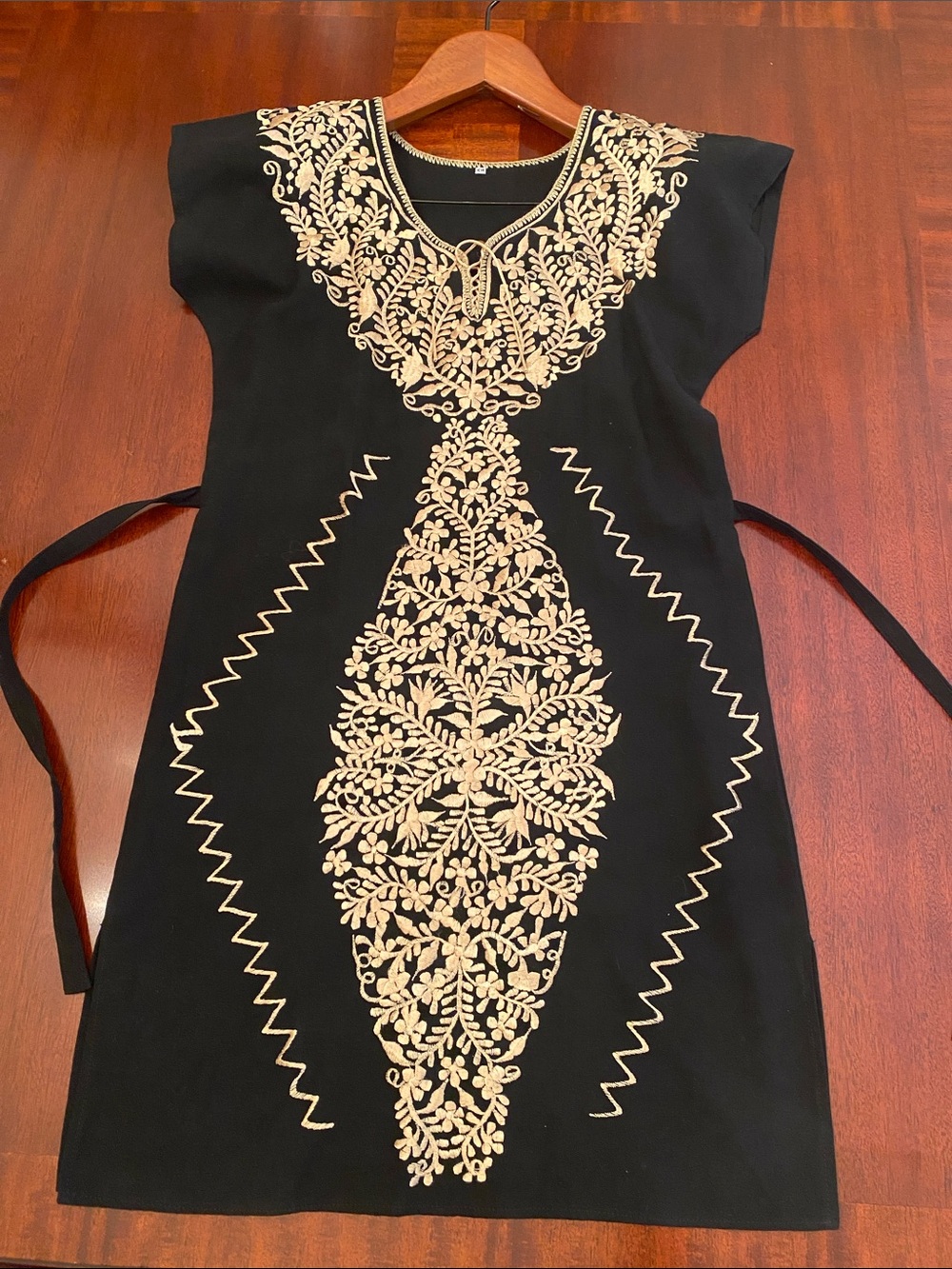 Black Mexican Kimono Pullover Dress with Embroidered Gold Floral Motif